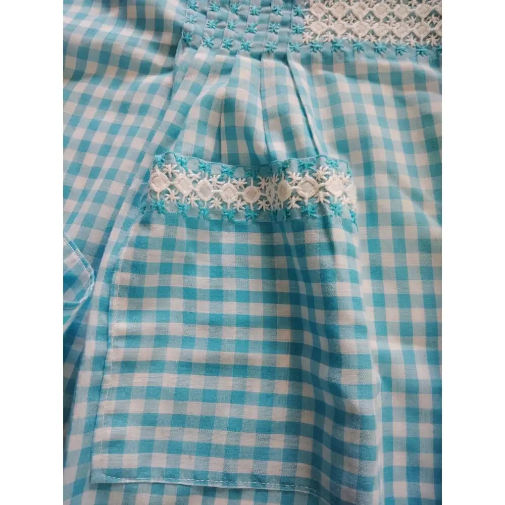 Vintage Style Gingham Blue & White Half Apron with Embroidery Accent Cottagecore